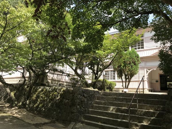 講堂と楷の木の紅葉の写真